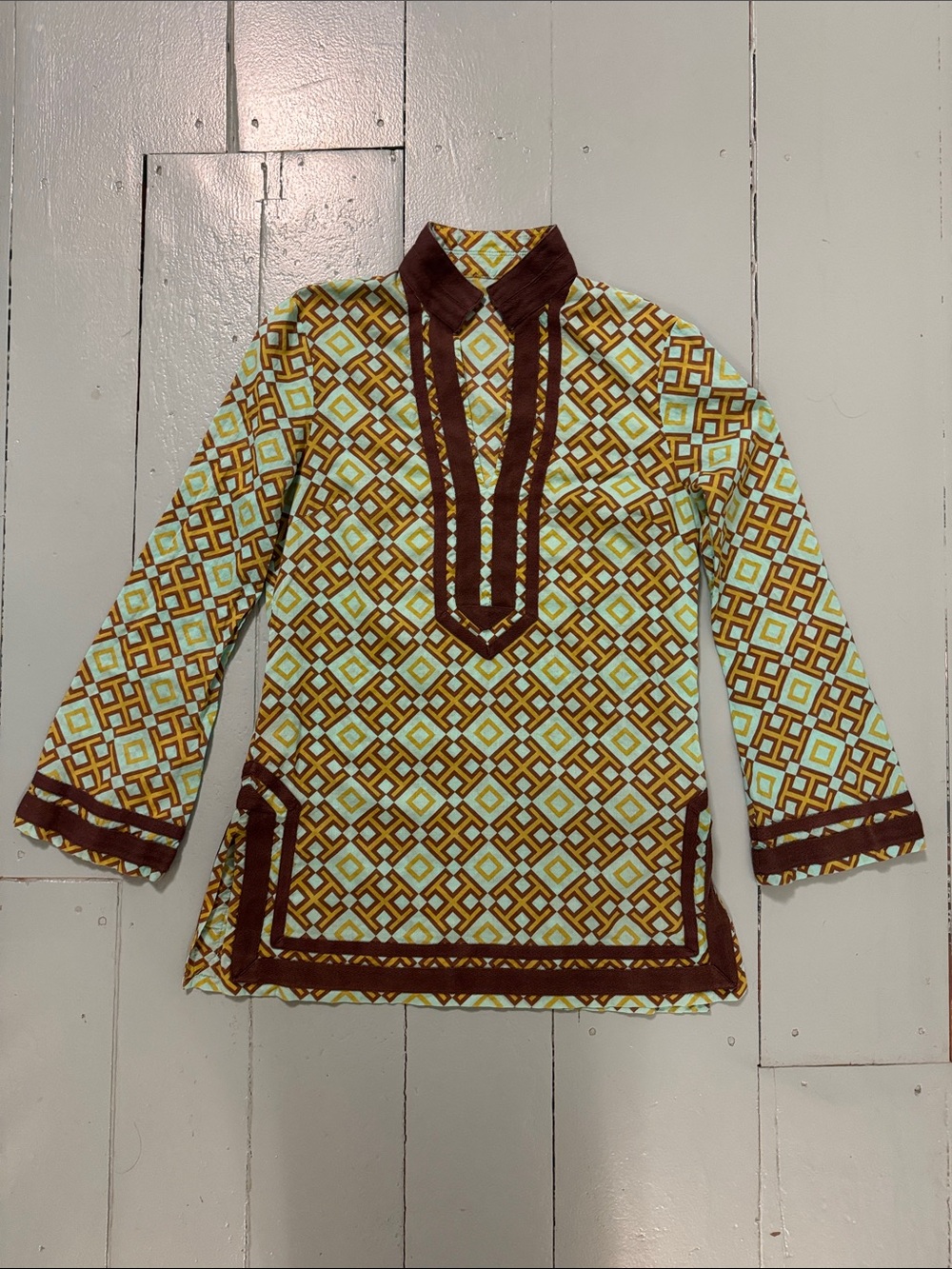 Tory Burch Geometric Print Tunic Top in Brown and Mint size 10